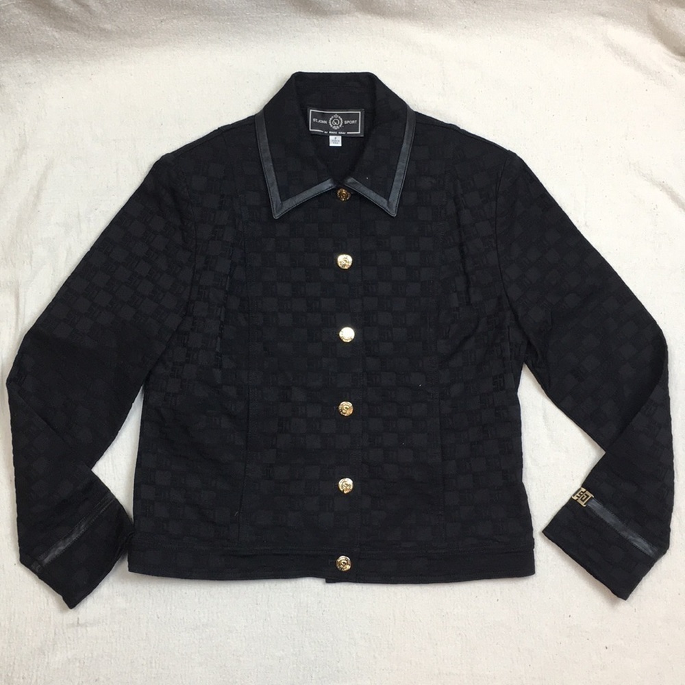 St. John Sport by Marie Gray Black Checker Knit Jacket with Gold Buttons